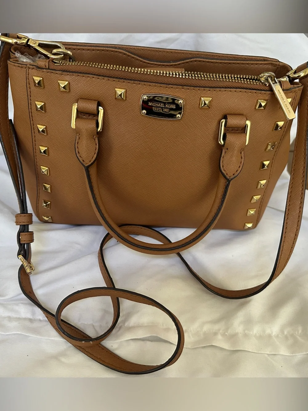 Michael Kors Brown Saffiano Satchel with Gold Stud Accents